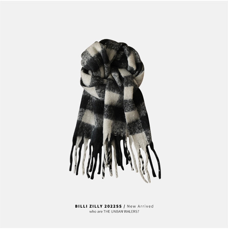 Rainbow Plaid Tassel Scarf For Women Autumn And Winter Famous Color Matching Cashmere Mohair Shawl Thickened Scarf