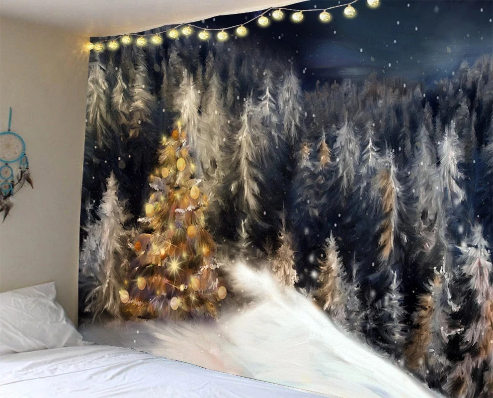 Christmas Tree Fireplace Warm Family Wall Hanging Backdrop Home Room Decoration Gift Tapestry