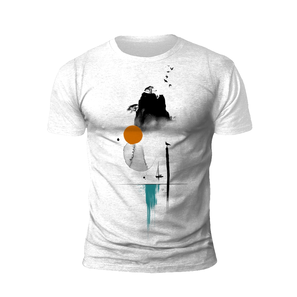 Ink Wash Landscape T-Shirt: Mountain, Sun, and Sailboat
