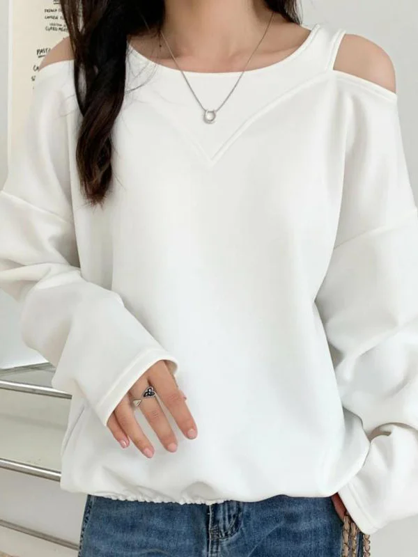 Long Sleeves Loose Hollow Solid Color Cold Shoulder T-Shirts Tops