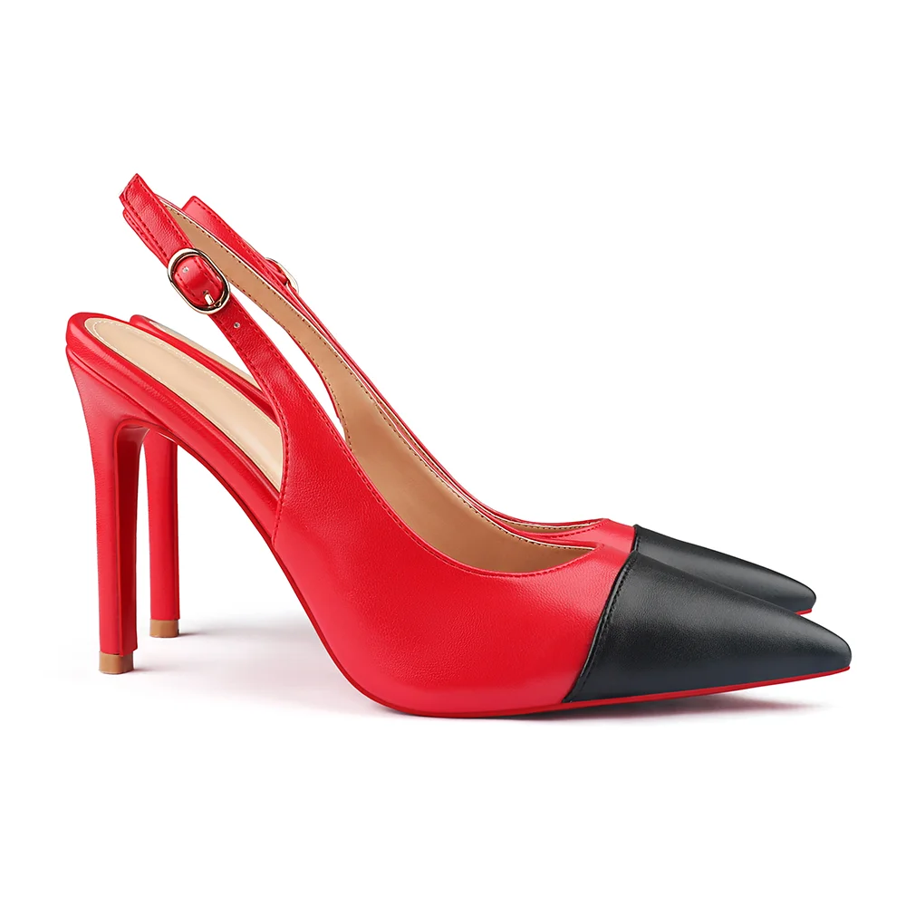 100mm Women's Sandals Black Stitching Pointed Toe Slingback Red Bottom Heels-MERUMOTE