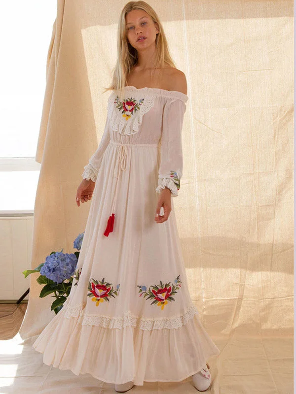 Floral Embroidery maxi Dress Women White Bohemian off the shoulder Sexy Dresses Summer Clothes 2020 Boho Beach Party Vintage Dress