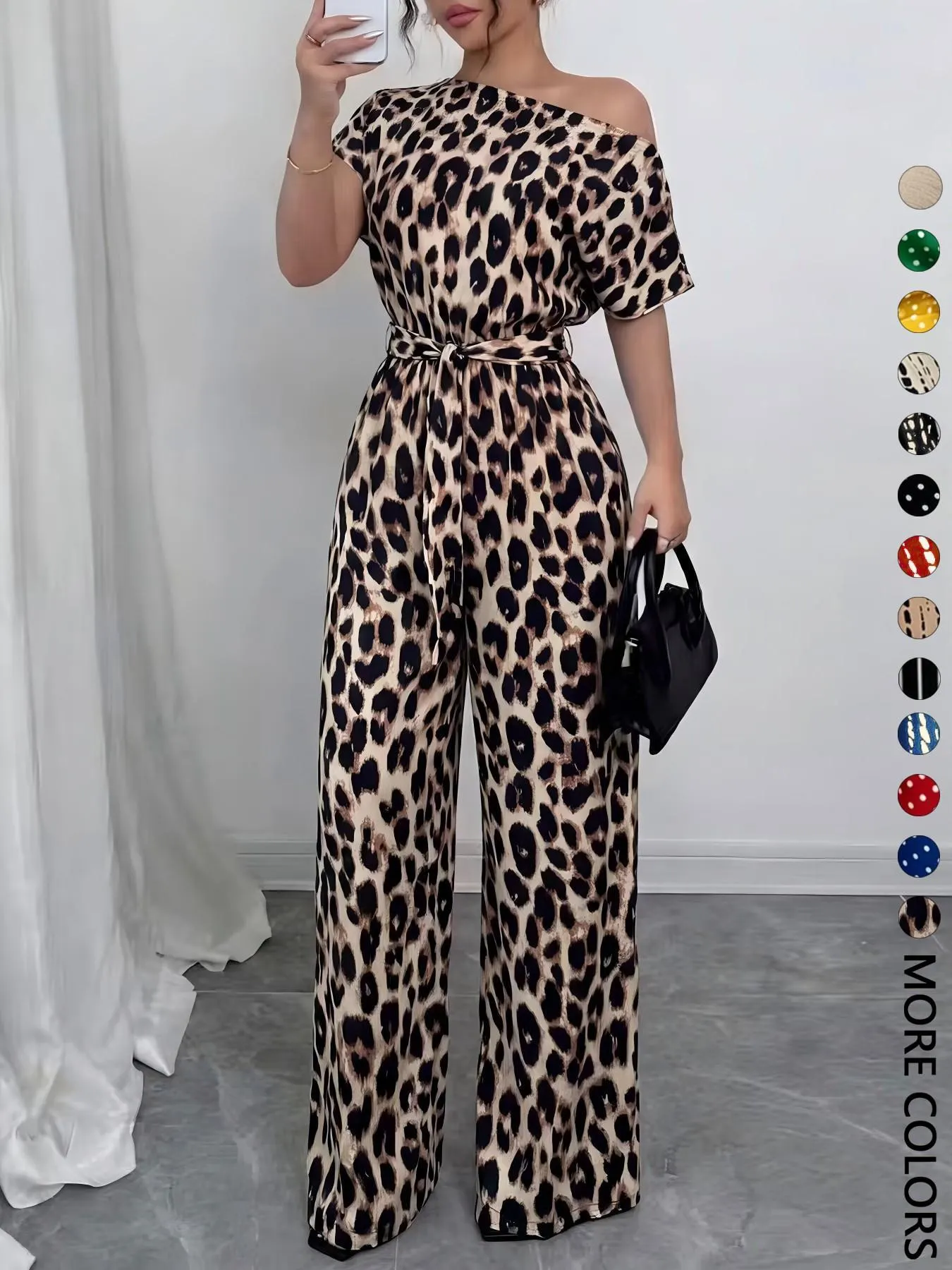 Women's All Over Print Leopard Tie Front Loose Jumpsuit, Casual Asymmetrical Neck Jumpsuit for Spring & Fall, Women's Clothes for Daily Wear Women's All Over Print Leopard Tie Front Loose Jumpsuit, Casual Asymmetrical Neck Jumpsuit for Spring & Fall, Women's Clothes for Daily Wear