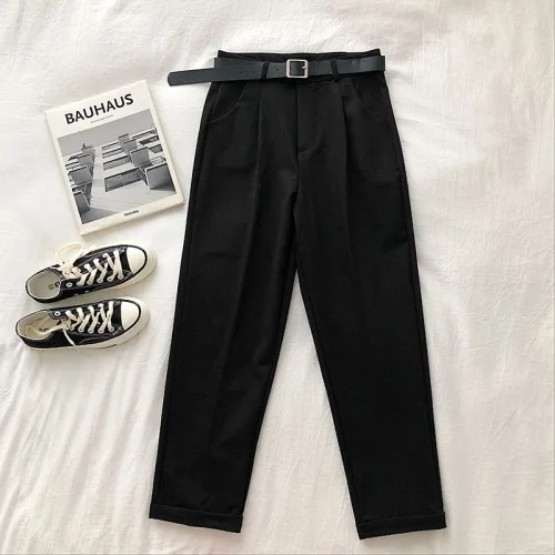 Woherb Gray Pants Woman with Belt High Waist Elegant Straight Leg Pants Office Lady Business Chic Baggy Trousers Woman Clothes
