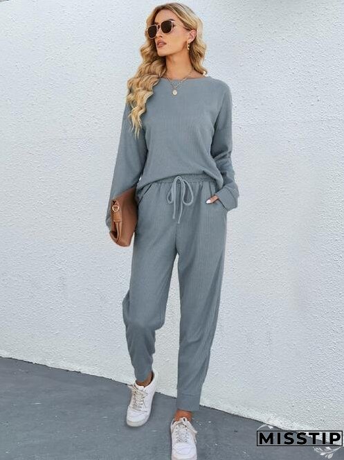Round Neck Top and Drawstring Pants Set
