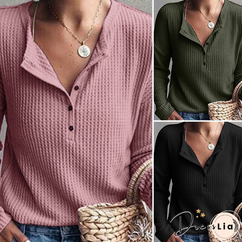 ZANZEA Women Long Sleeve Henley Waffle Top Spring Autumn Casual Slim Blouse