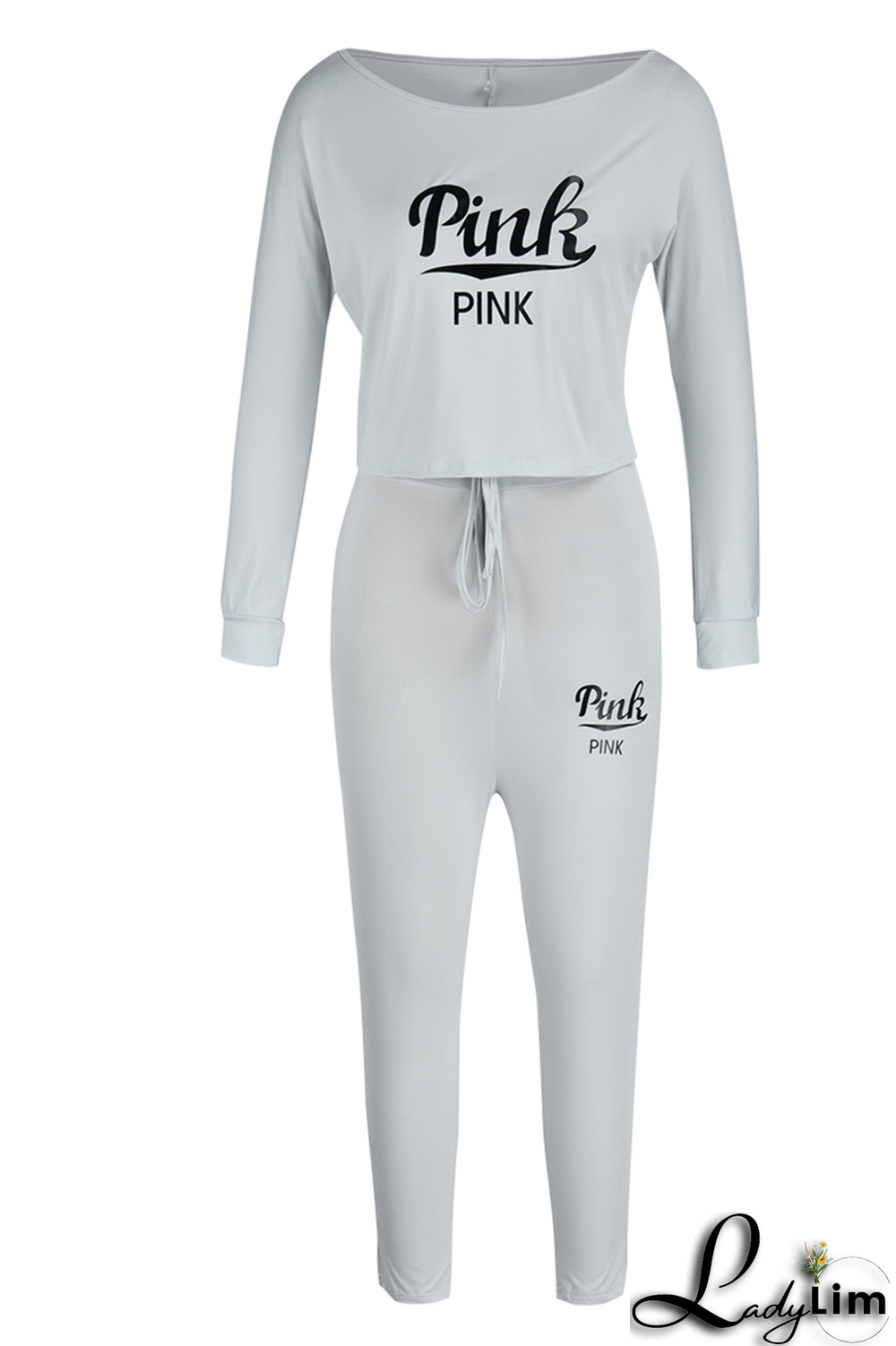 Gray White Fashion Print Patchwork One Shoulder Long Sleeve Two Pieces