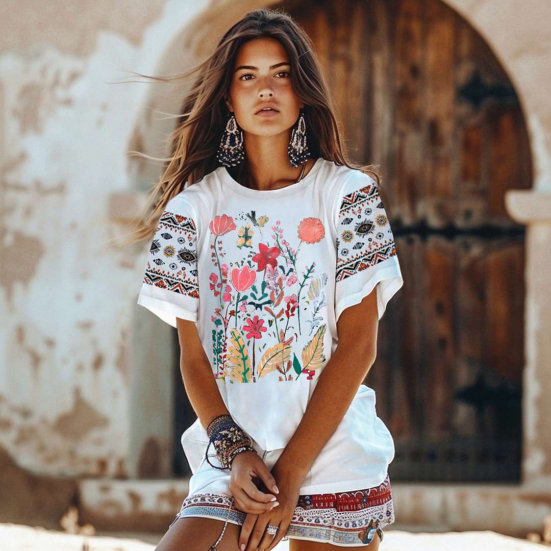 Style & Comfort for Mature Women Boho Loose Short Sleeve Plus Size Printed Soft T-shirt in Color White