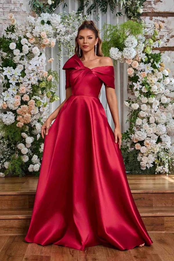 Ovlias Charming Asymmetric Short sleeve Satin Satin Draped Prom Dress LY0745
