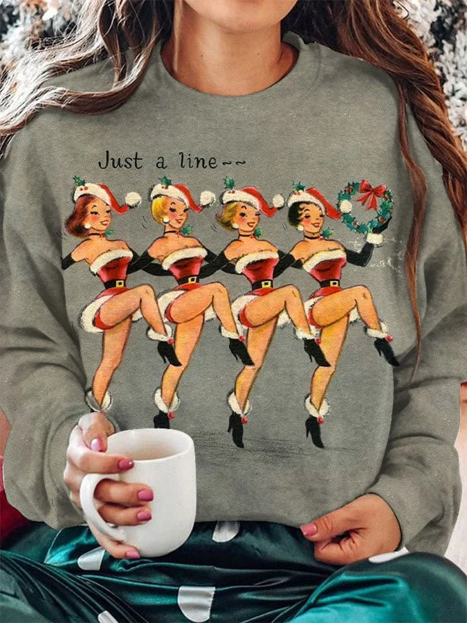 Women's Retro Christmas Girl Print Crew Neck Sweatshirt