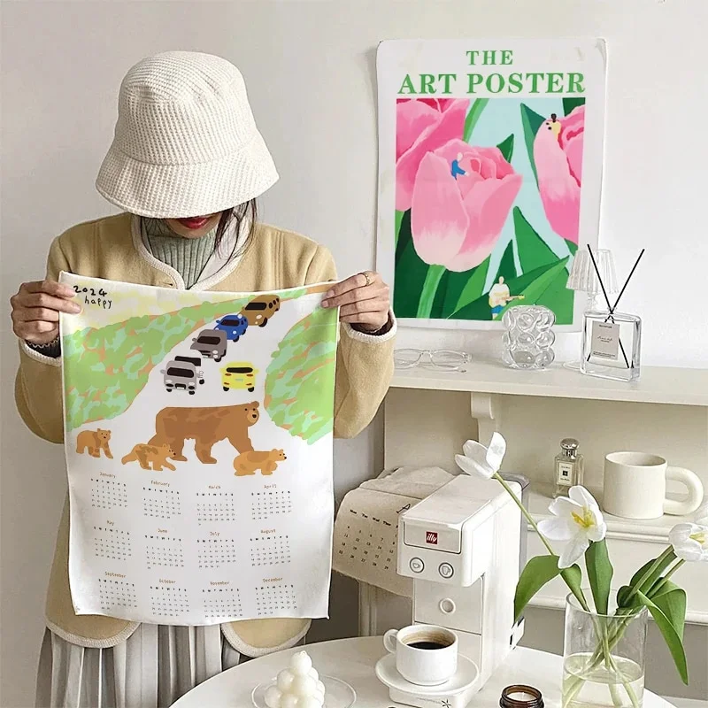Athvotar Hanging Cloth Wall Calendar Small Tapestry Cartoon Calendar Tapestries Bedroom Background Fabric Decorations 2024 달력 태피스트리