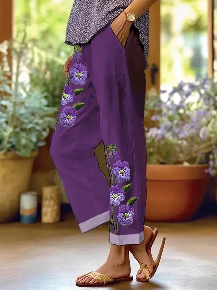 Women's Purple Flower Alzheimer's Awareness Support Casual Pants