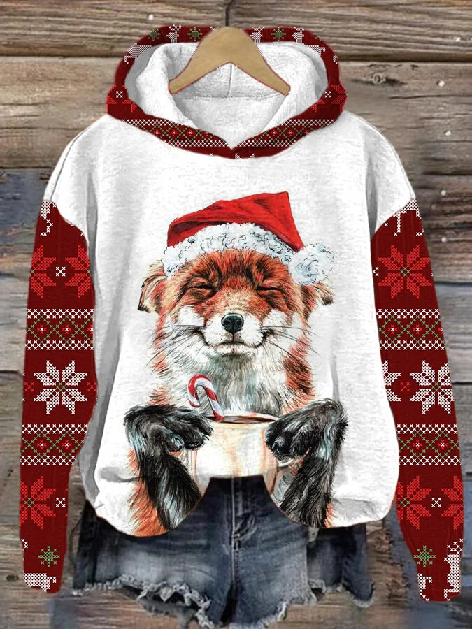 Women's Christmas Fun Smiling Fox Art Print Hoodie