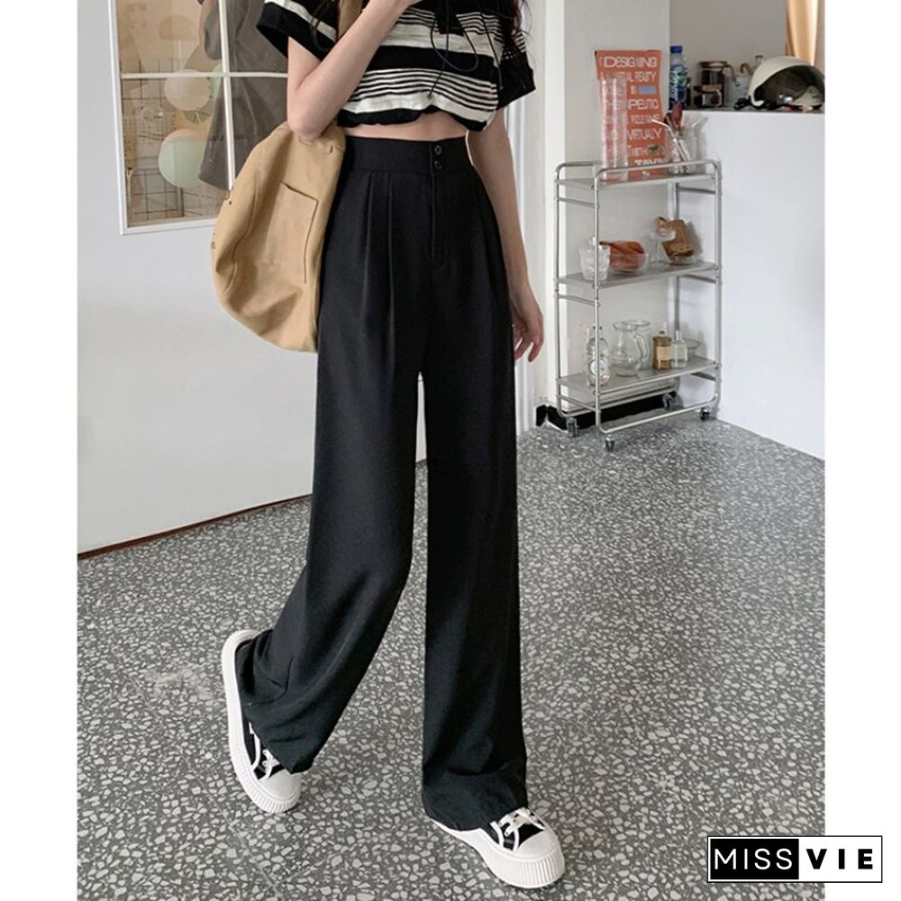 New Two-button Elastic Waist Suit Wide Leg Pants Women High Waist Loose Casual Trouser Female Fashion Baggies Bottom