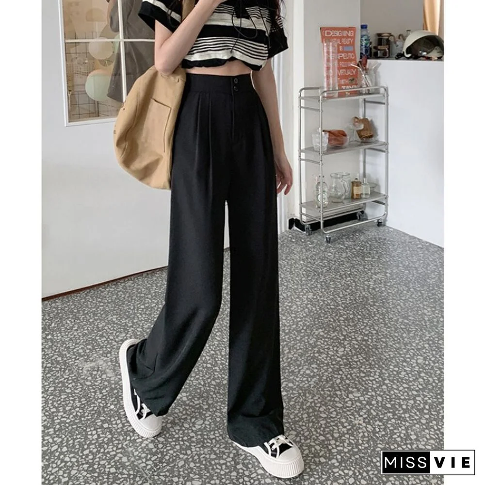 New Two-button Elastic Waist Suit Wide Leg Pants Women High Waist Loose Casual Trouser Female Fashion Baggies Bottom