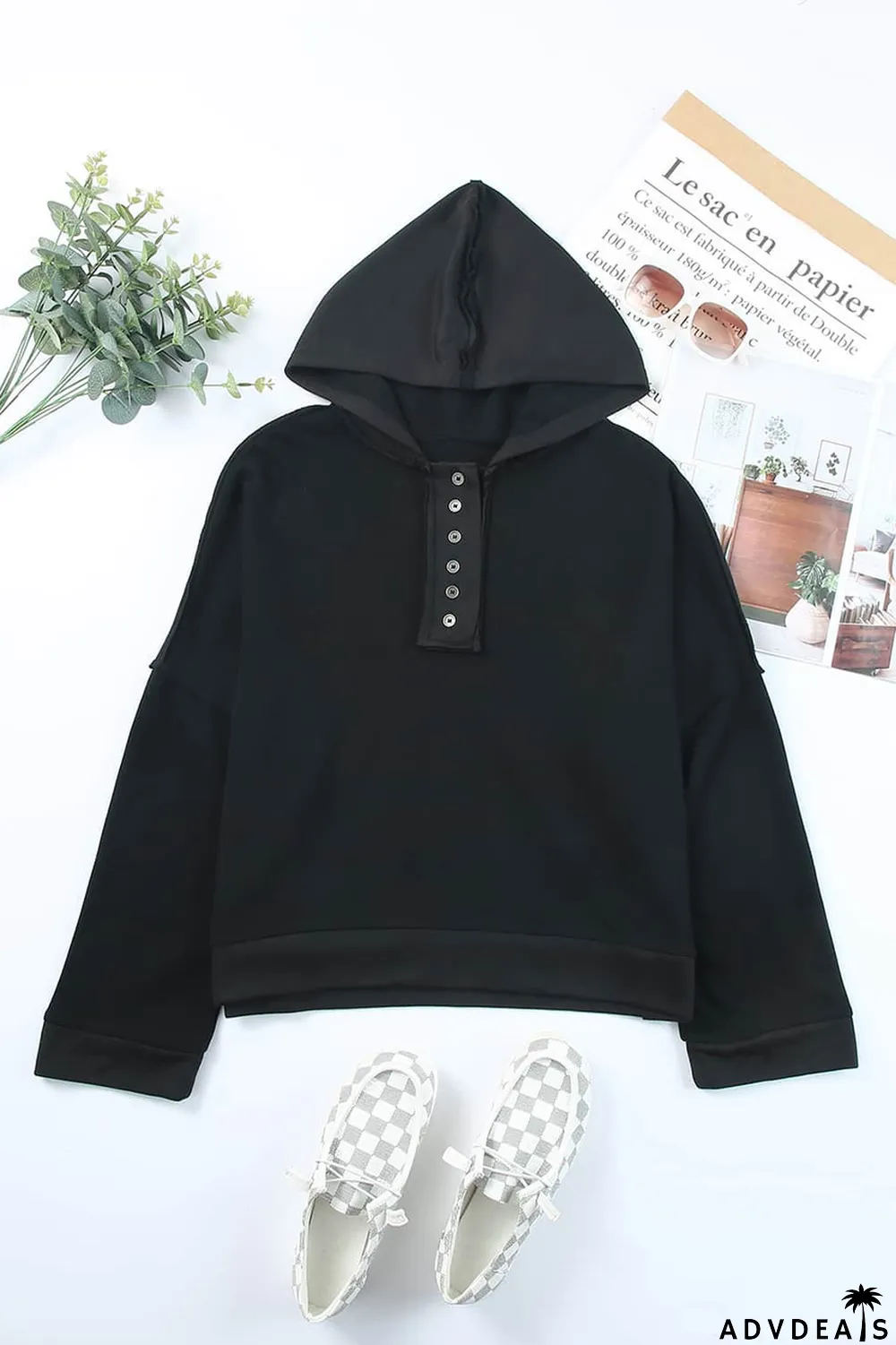 Black Casual Button Solid Patchwork Trim Hoodie