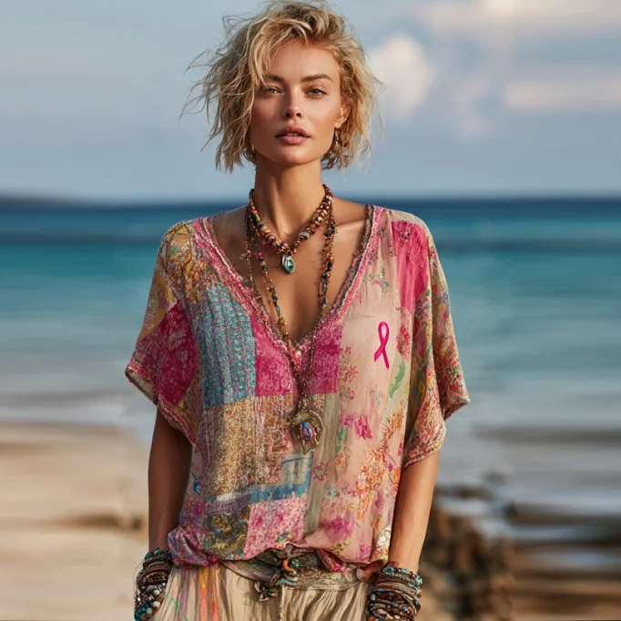 Women's Vintage Floral Pink Ribbon Art Linen V-neck T-shirt