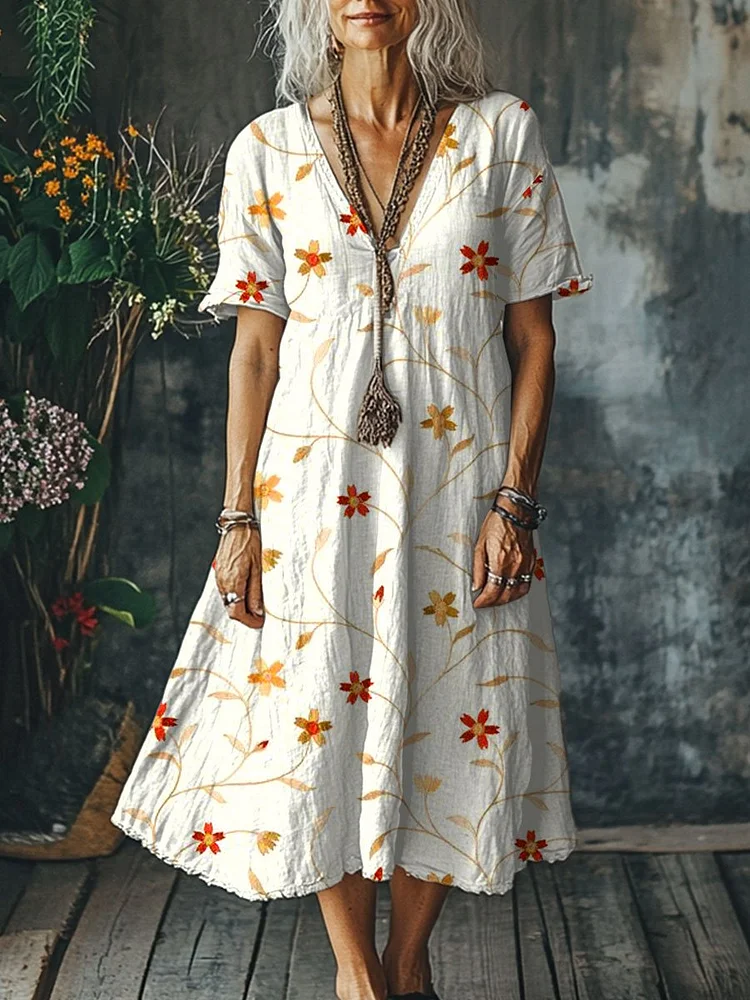 Women's  Flowers Art Print Pocket Cotton Dress