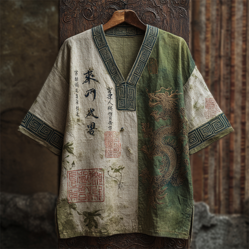 Japanese Dragon & Bamboo Art Contrast Linen Shirt elevenforest