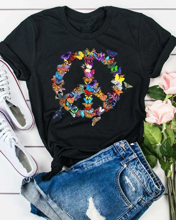 Butterfly Peace Sign Printing Short Sleeve T-shirt