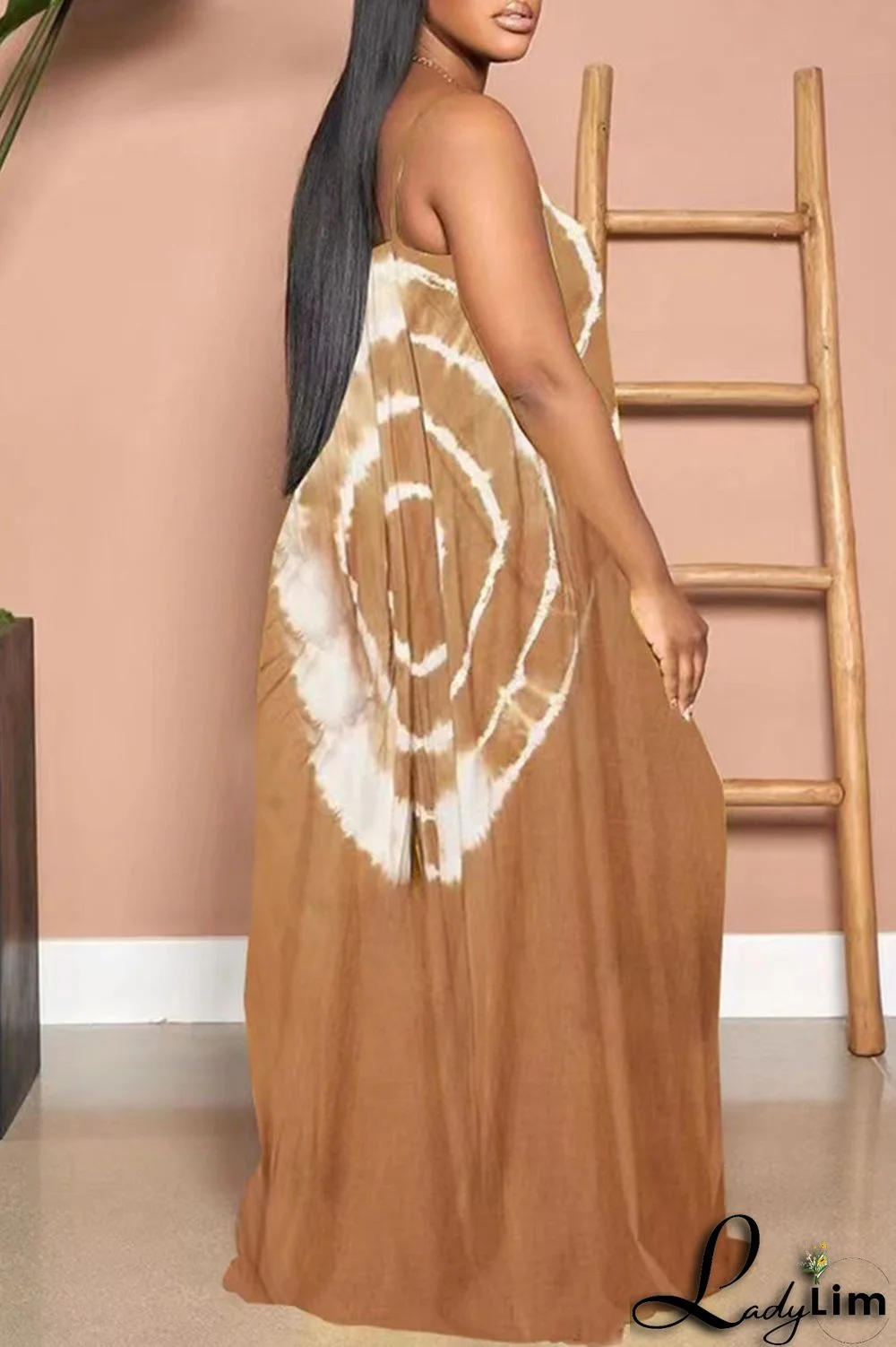 Khaki Sexy Casual Print Backless Spaghetti Strap Long Dress