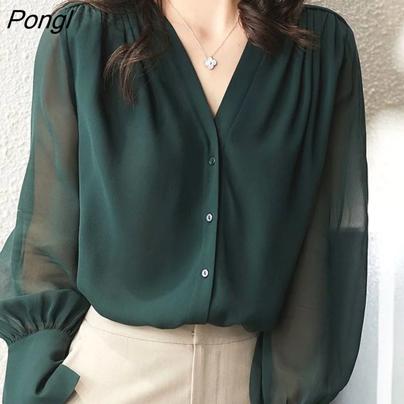 Pongl Temperament Loose Chiffon Button Blouses Spring Autumn New V Neck Long Sleeve Solid Color Shirt Fashion Simplicity Women Clothes