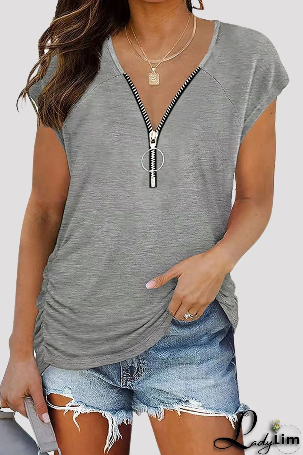 Grey Fashion Casual Solid Split Joint Zipper V Neck T-Shirts