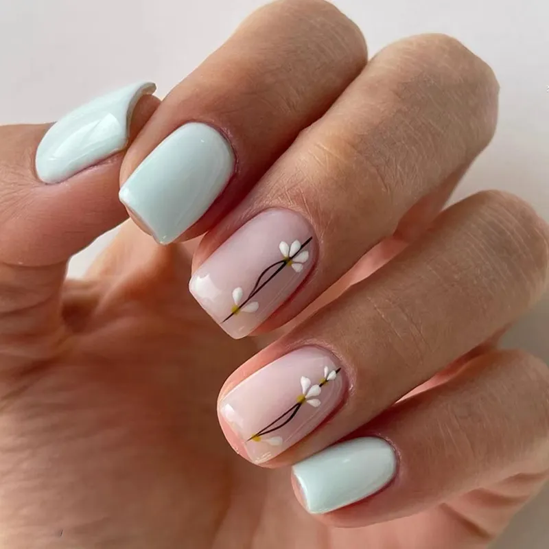 Churchf Churchf Elegant Blue Fresh Summer Nail European Square Type In The Long False Nails Lovely Flowers Wear Nail Piece