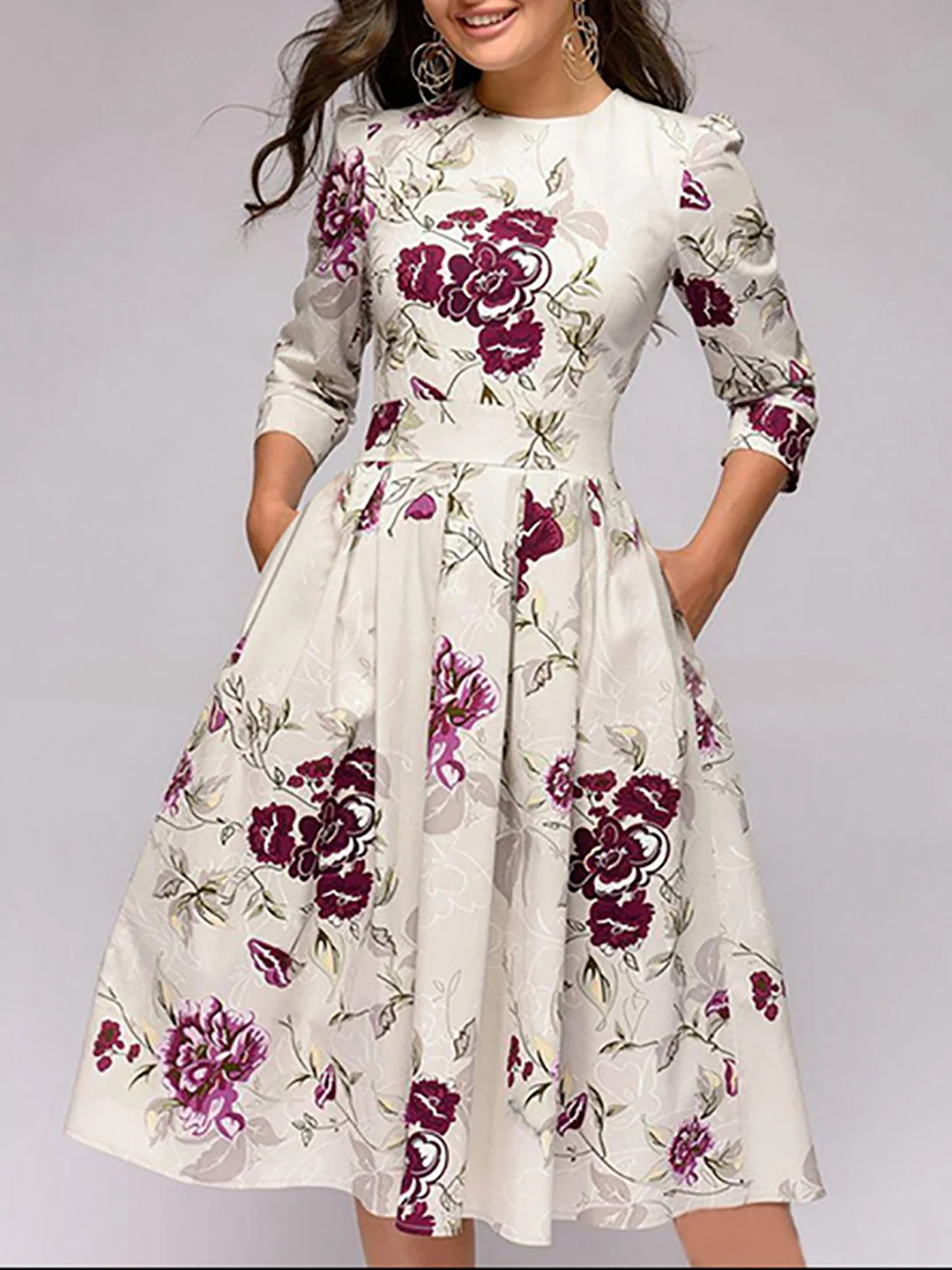 Beige A-Line Paneled Floral Party Midi Dress