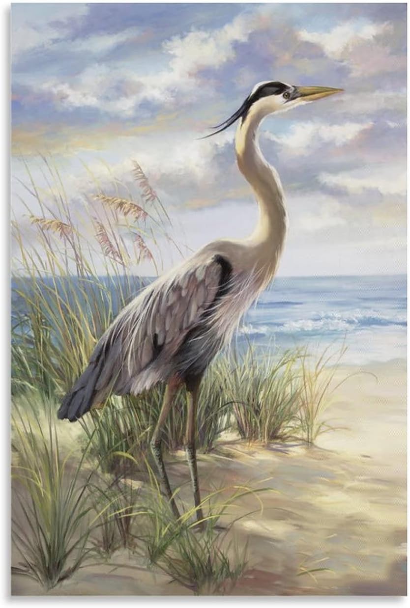 Posters Seabird Wall Art Coastal Heron Wall Art Beach on Blue Heron Wall Art Canvas Wall Art for Living Room Bedroom Office Kitchen Decor 12x18inch(30x45cm) Unframe-Style 12x18inch(30x45cm)