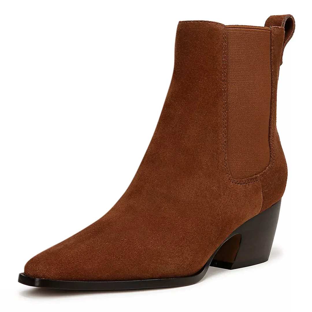 Brown Snip Toe Vegan Suede Chunky Heel Womens Ankle Boots