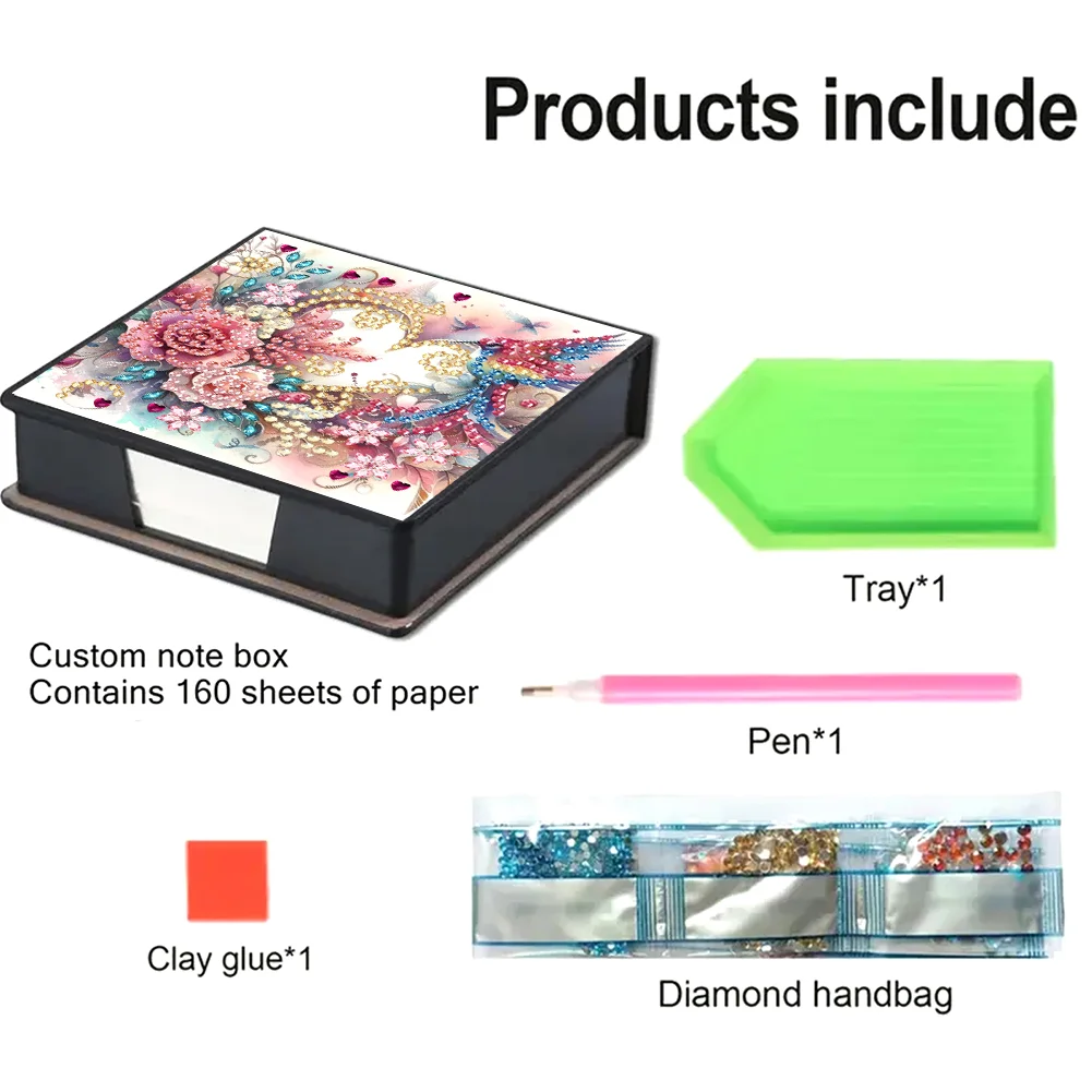 PU Flower Bird Diamond Painting Notecard Box with 160 Sheets of Paper