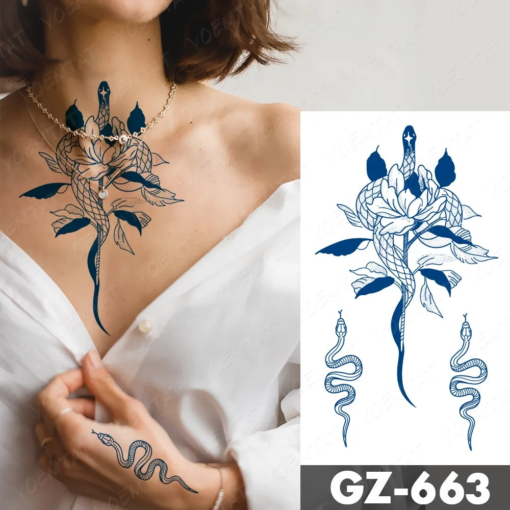 Sdrawing Juice Lasting Ink Waterproof Temporary Tattoo Sticker Genipin Herbal Tatoo Women Body Art Fake Tatto Snake Flower