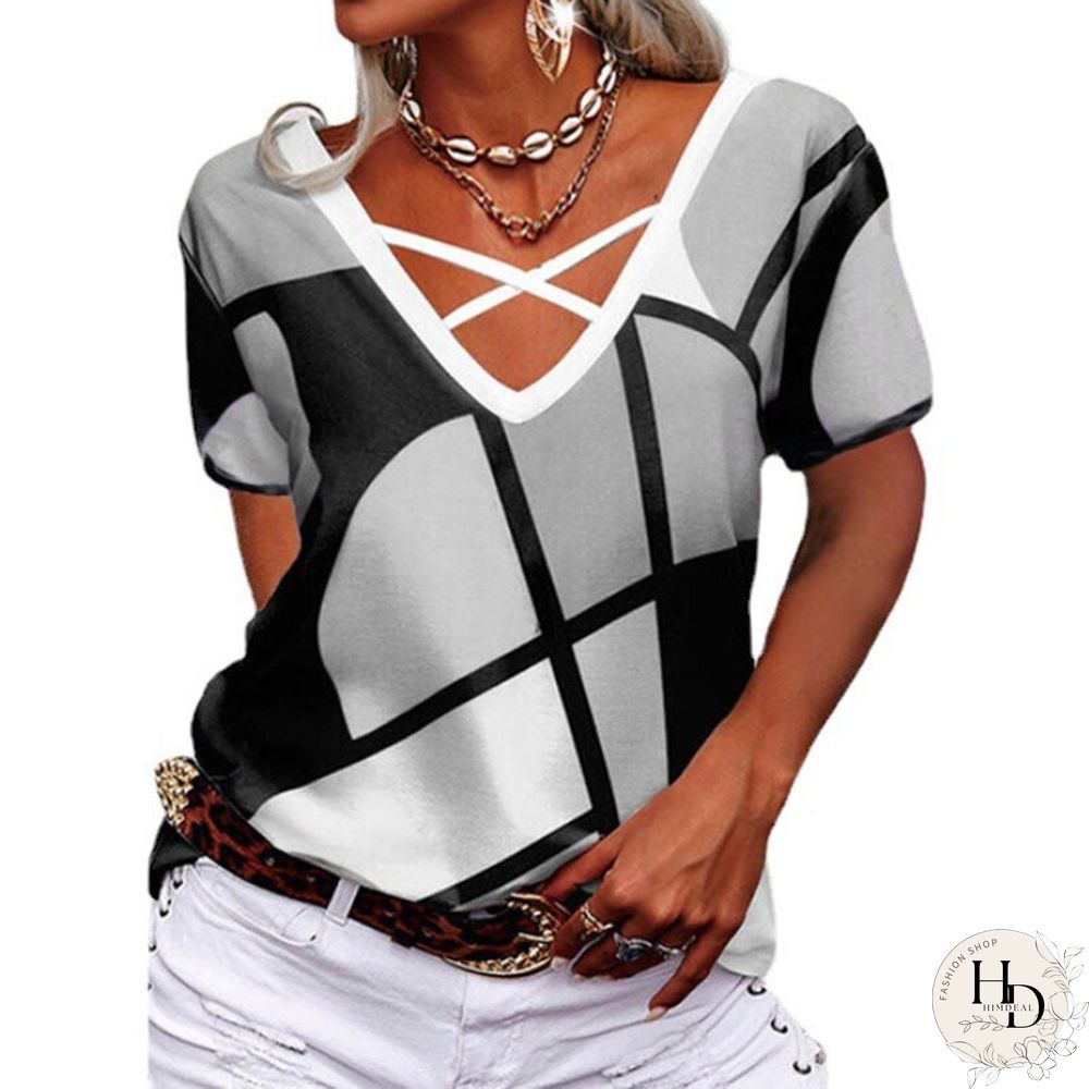 Summer New Women T Shirt Short-sleeved Casual Loose V-neck Geometric Print T-shirt Women's Clothing