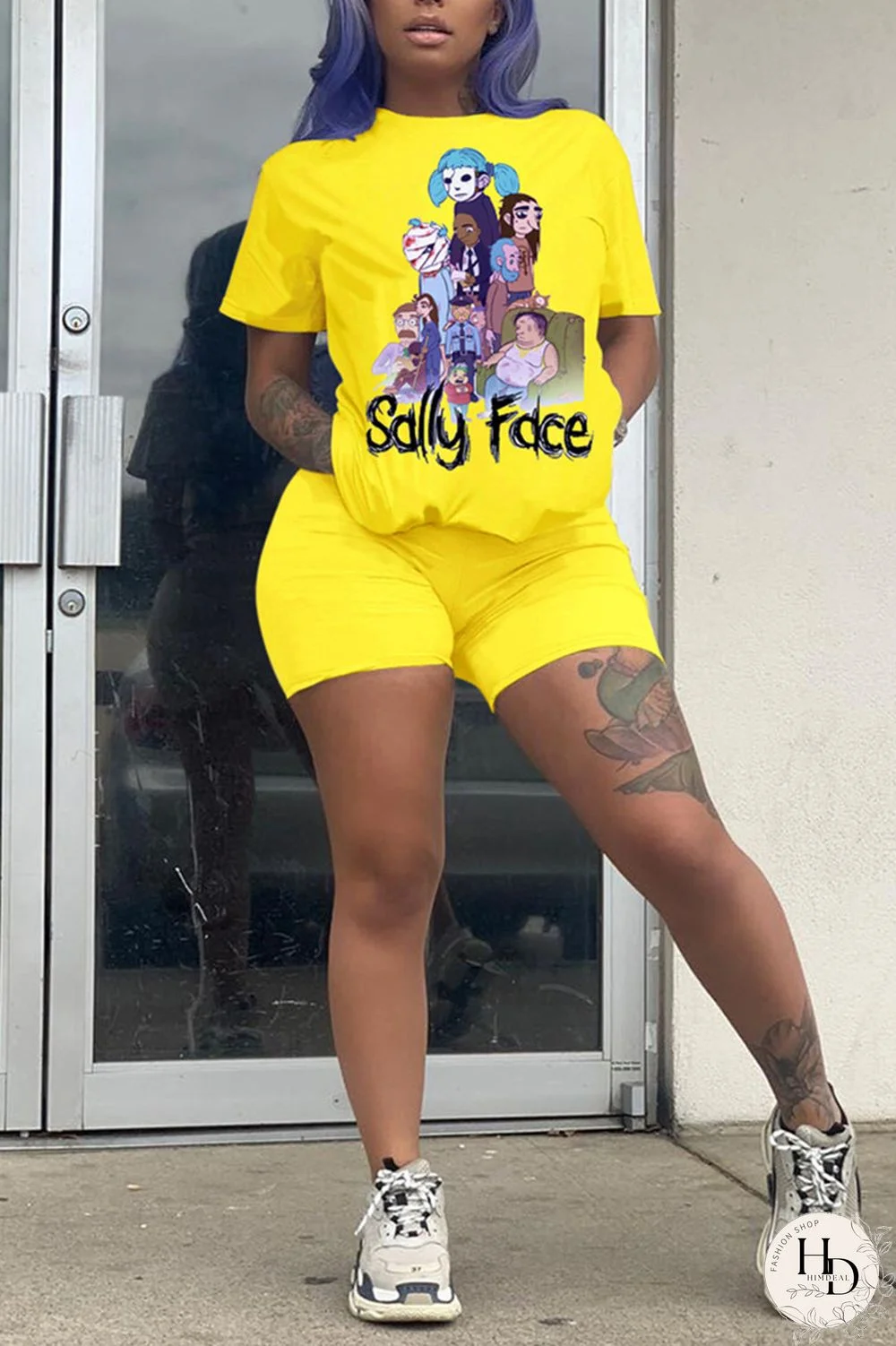 Yellow Fashion Casual Printed Short Sleeve Top Set