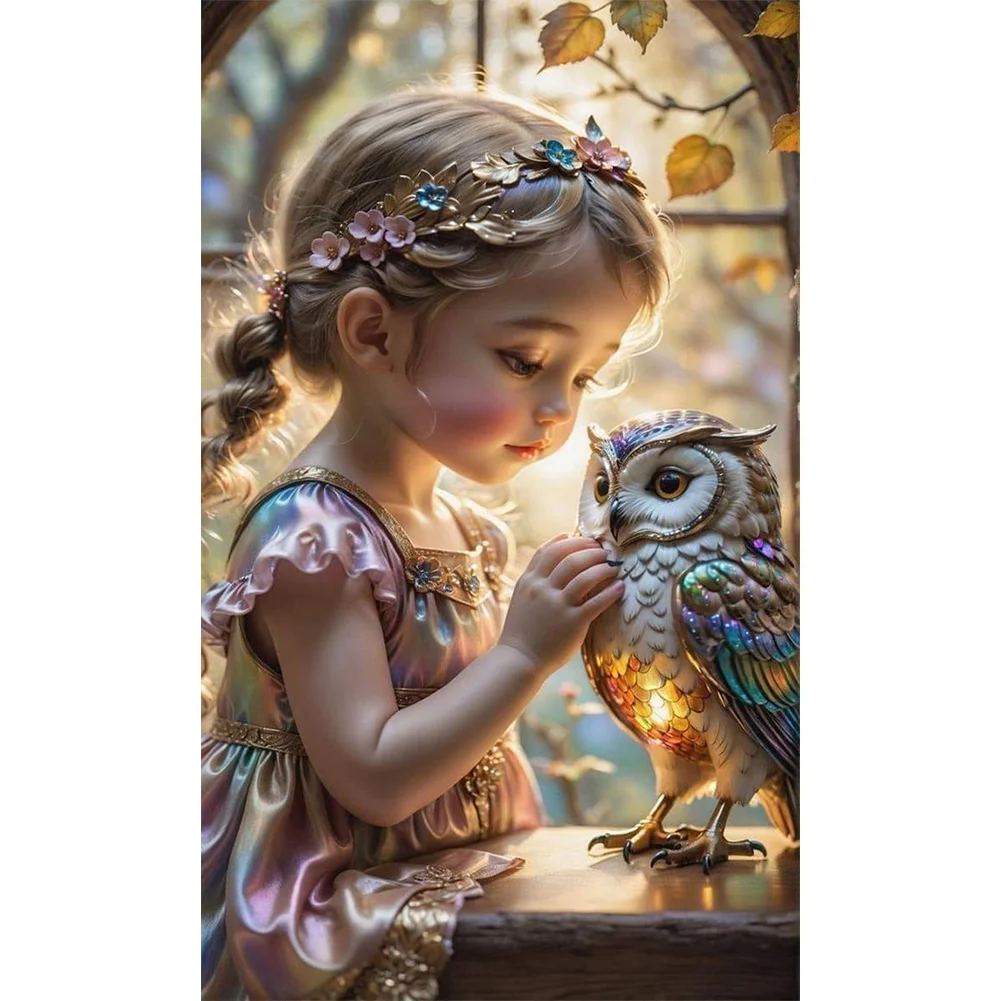 Full Round Diamond Painting - Cute Girl with Owl(Canvas|30*50cm)