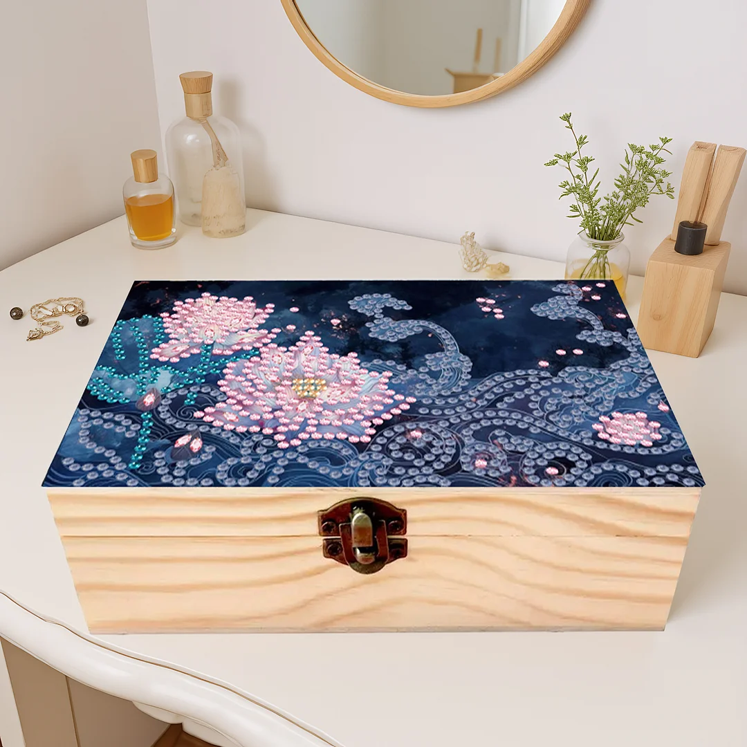 5D DIY Diamond Painting Handmade Wood Storage Box for Home Decor Craft (Lotus)