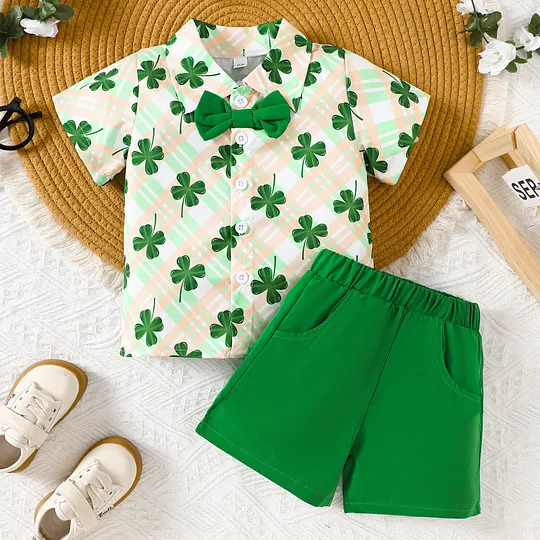 【12M-5Y】Boys' St. Patrick's Day Printed Shirt + Shorts 2-Piece Set