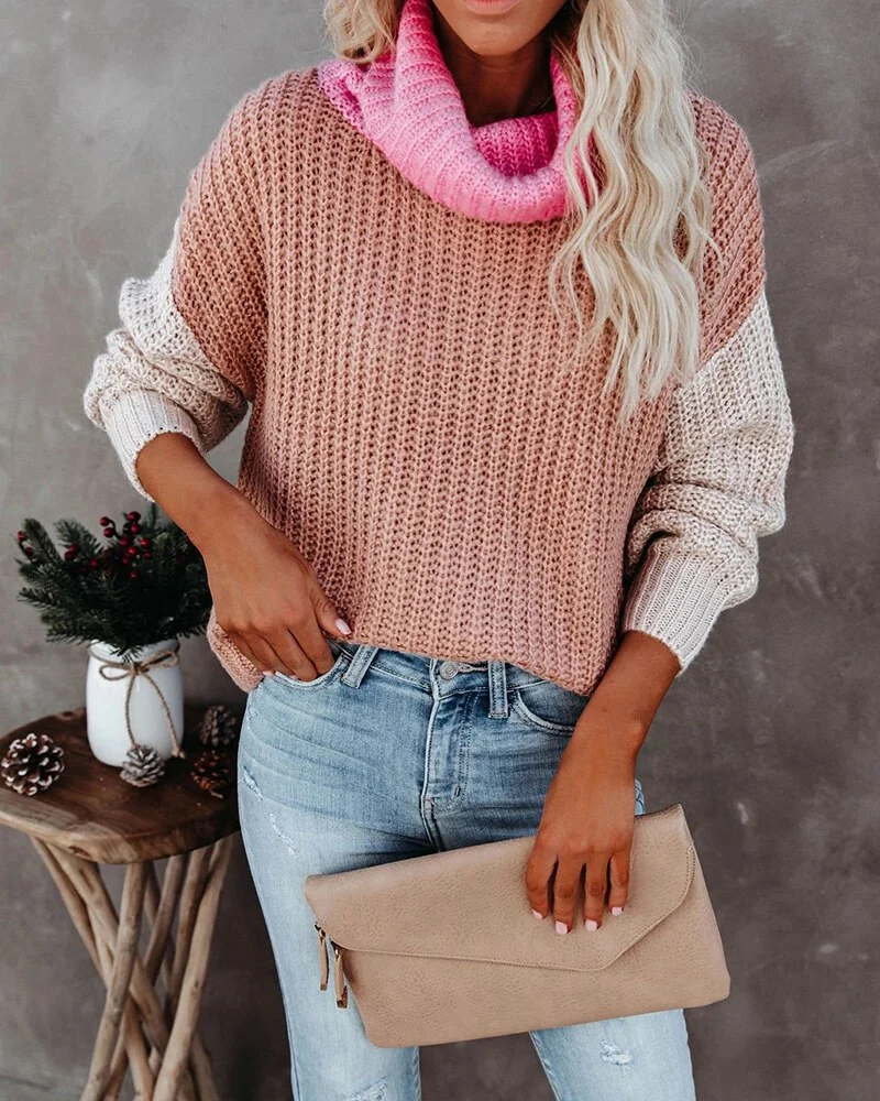 Fitshinling Patchwork Turtleneck Women Knitted Sweater 2021 New Arrival Boho Pullover Fashion Slim Jumper Vintage Winter Tops