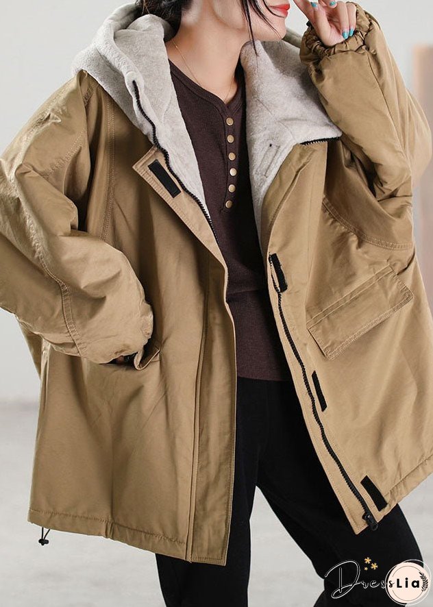 Plus Size Khaki Hooded Patchwork Faux Fur Coat Winter