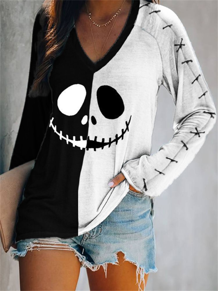 Halloween Spooky Face Contrast Color T Shirt