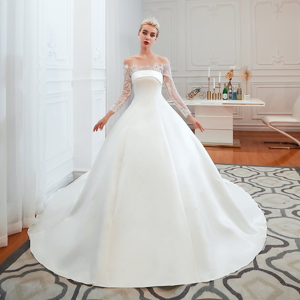 Modest Off-the-shoulder Satin Long Sleeves A-Line Wedding Dress With Lace | Ballbellas Ballbellas