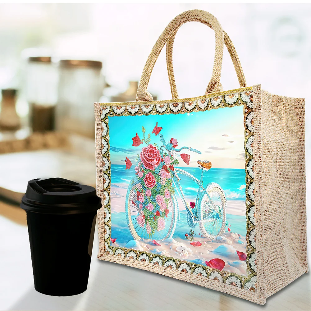 [Upgrade - Waterproof Bag]DIY Beach Bike Diamond Painting Tote Bag Replaceable Canvas for Women Adults