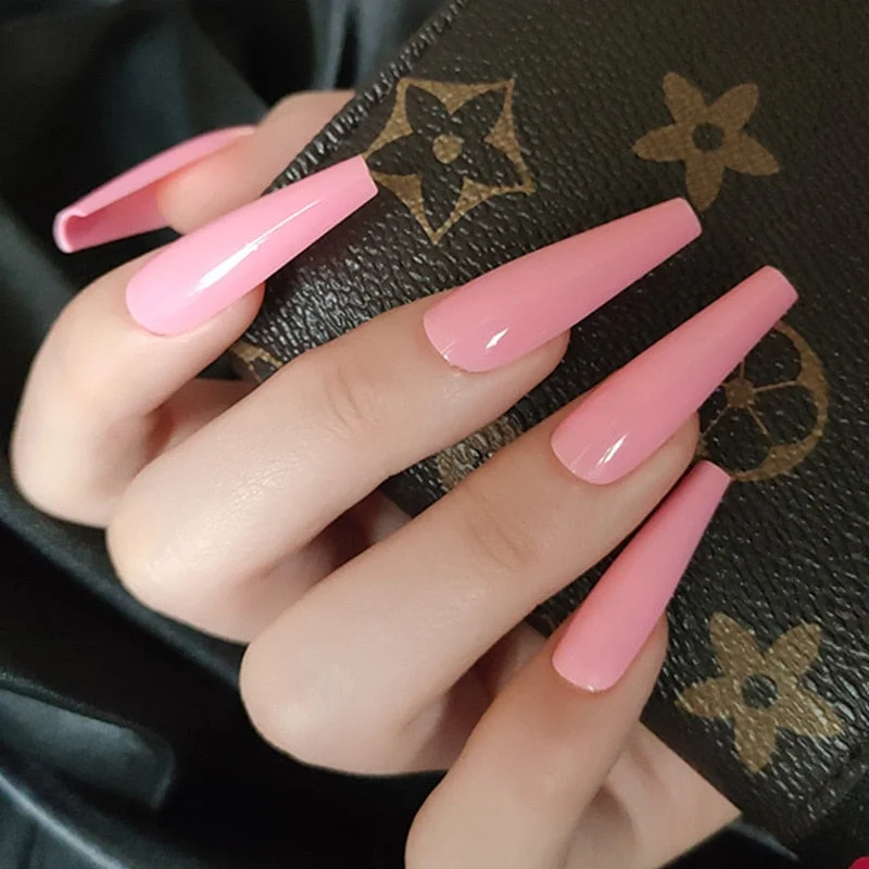 24pcs/box matte False Nail Tips With Glue pink color long Ballerina Nails detachable  Press on Nails Art Fake nails Stickers TY-Nail Inspo