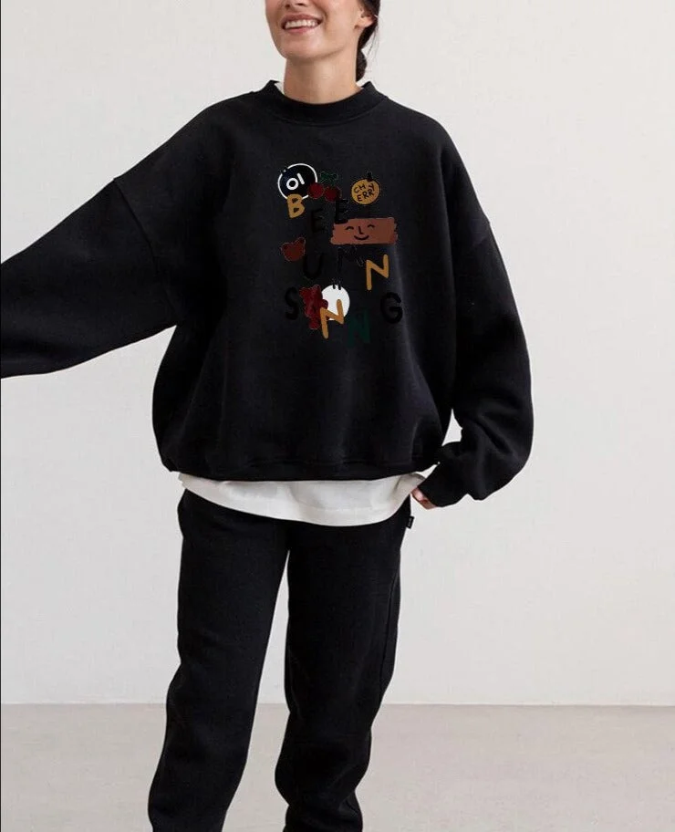 Sonicelife Gothic Autumn Women Sweatshirts Vintage Letter Printed Black Long Sleeve O-neck Tops Female Elegant Style Streetwear