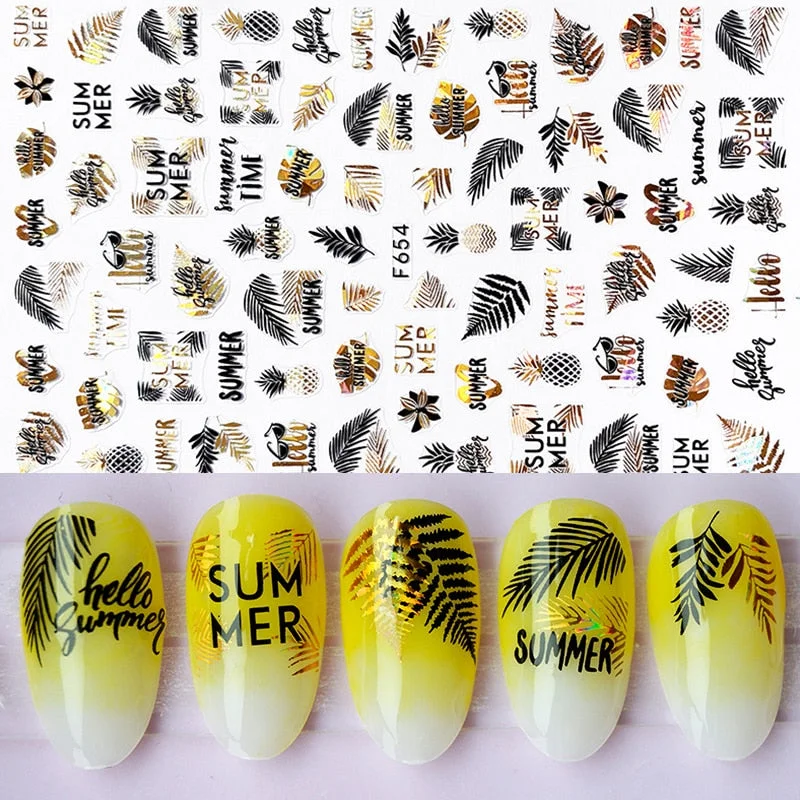 1pcs Black Gold Sping Leaves 3D Nail Sticker Coconut Tree Leaf Pattern Adhesive Transfer Decals Shiny DIY Nail Decoration