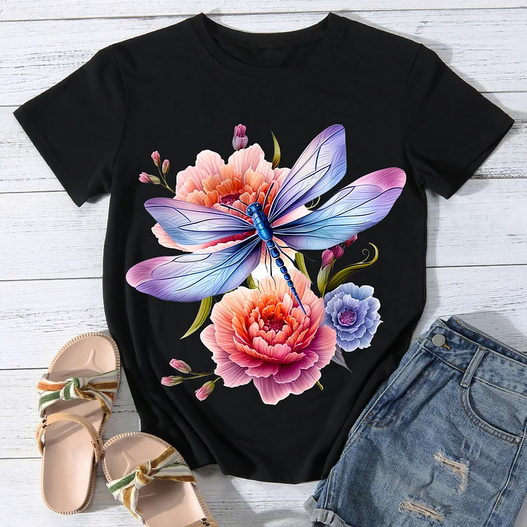 Dragonfly with Opulent flower Women Round Neck T-shirt - BSTCA0092