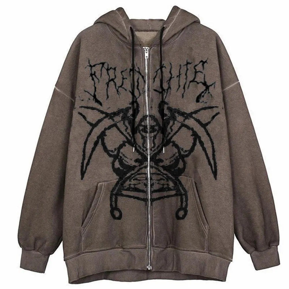 Women Hip Hop Streetwear Hoodies Women Jacket Angel Dark Print Jacket Coat Goth Harajuku Y2k Clothes Punk Jacket Outwear Zipper