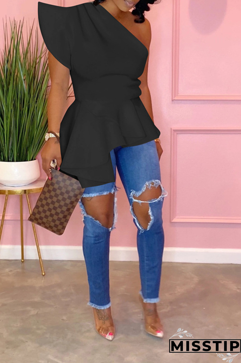 Blue Street Solid Flounce One Shoulder T-Shirts