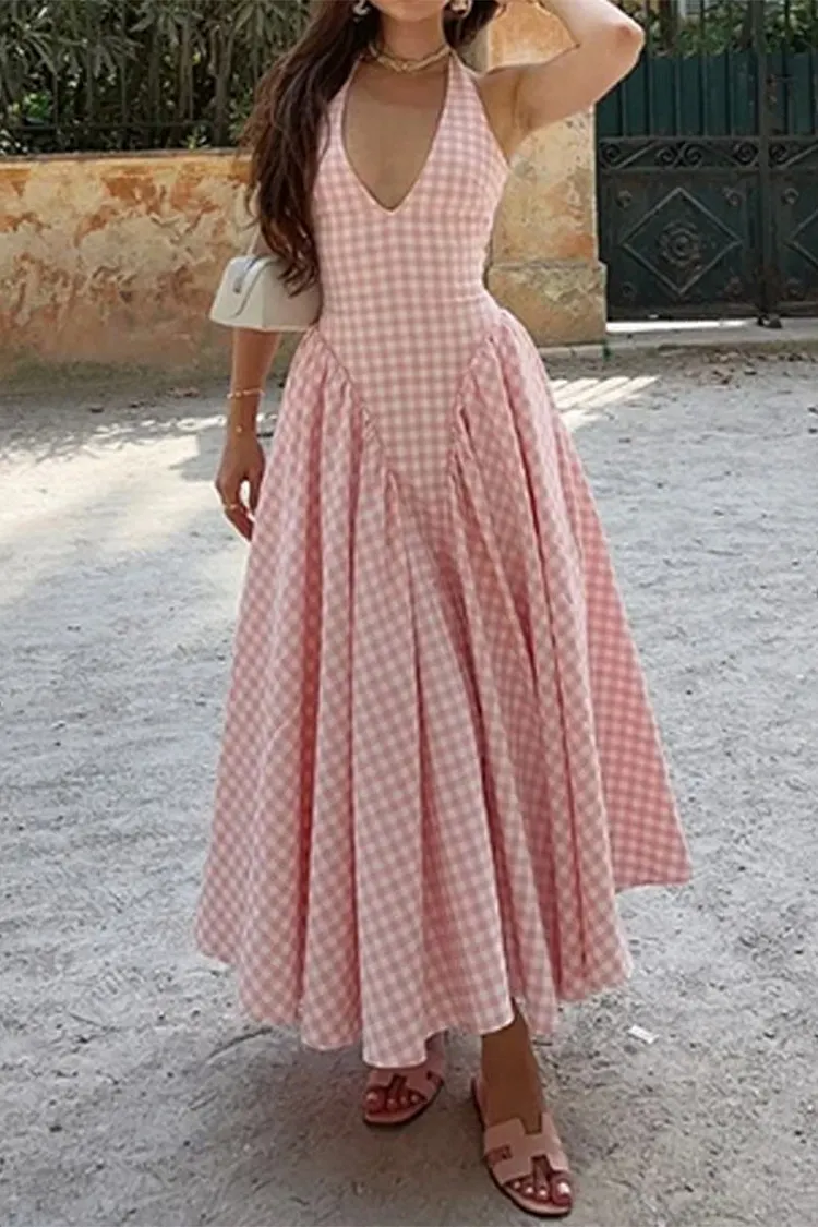 Sexy Plaid Lace Up Backless Contrast Halter Sleeveless Dresses